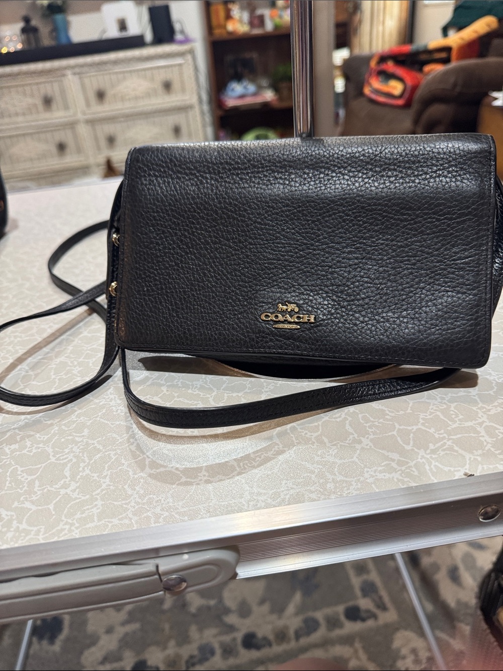 COACH Black Pebbled Leather Crossbody with Gold Logo